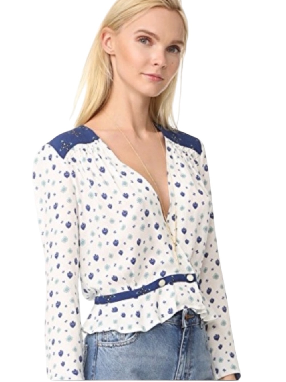 Free People Where We Roam Navy Light Blue Top Size M